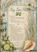 A recipe for key lime pie on aged paper with limes, flowers, a sailboat by a dock, and a postage stamp.