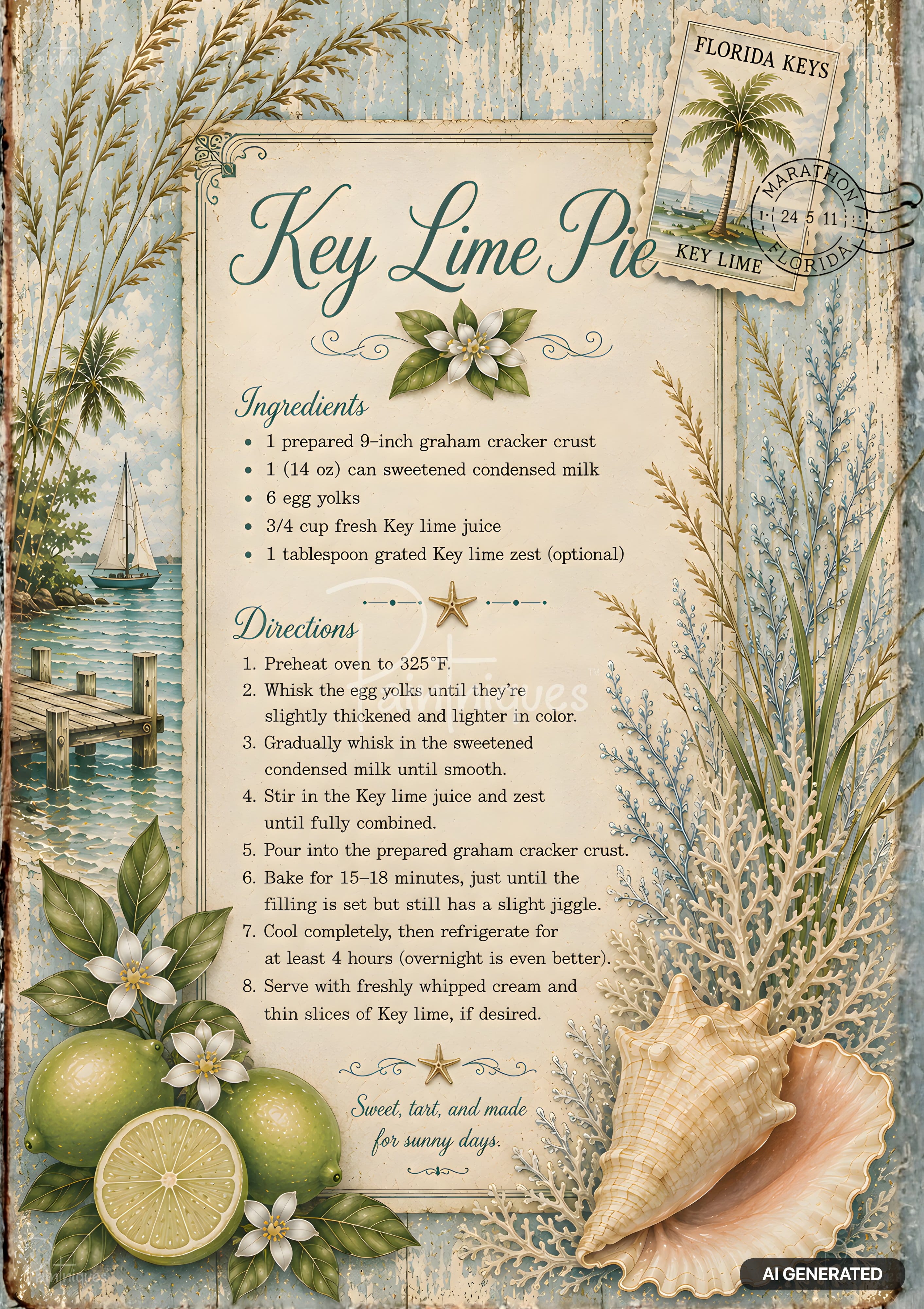 A recipe for key lime pie on aged paper with limes, flowers, a sailboat by a dock, and a postage stamp.