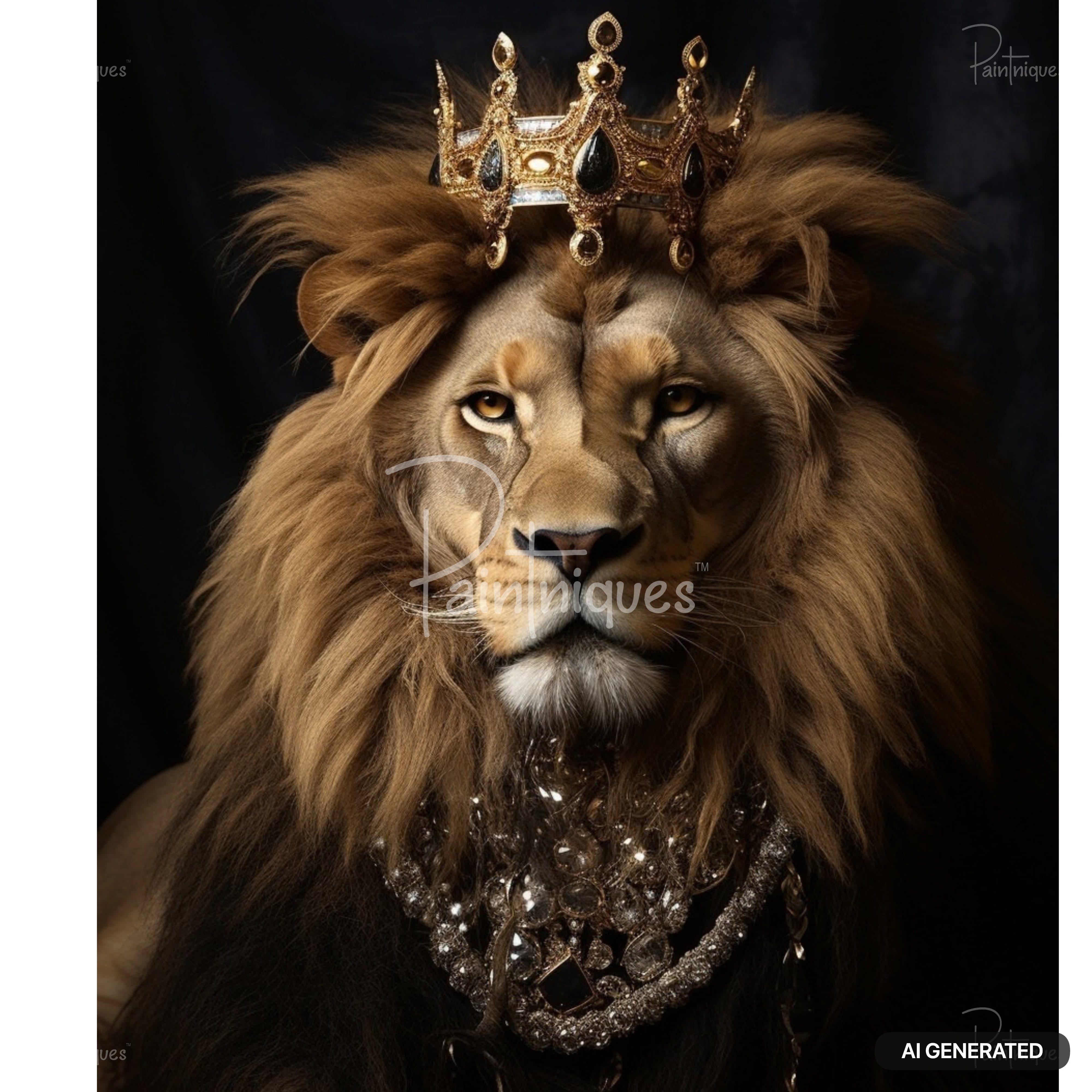 Digital painting of a majestic lion with a gold and black jewel-studded crown, and a sparkling diamond necklace. Text: AI GENERATED.