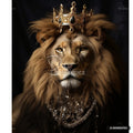 Digital painting of a majestic lion with a gold and black jewel-studded crown, and a sparkling diamond necklace. Text: AI GENERATED.