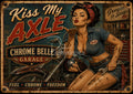 Pinup mechanic in tied denim shirt and red bandana blowing a kiss, holding a wrench on a motorcycle.