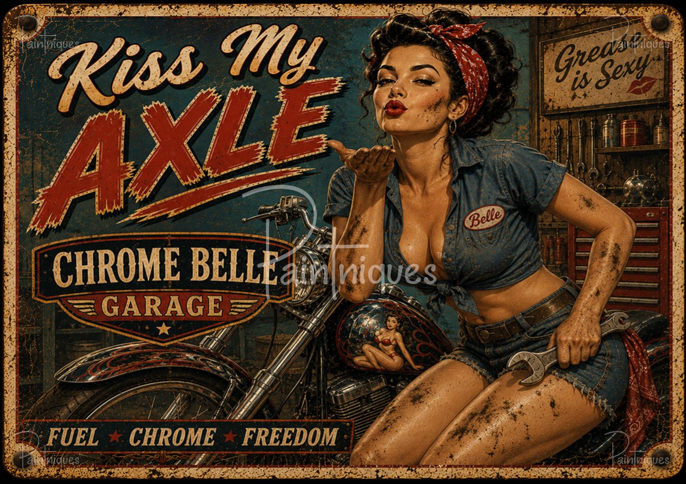 Pinup mechanic in tied denim shirt and red bandana blowing a kiss, holding a wrench on a motorcycle.