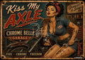 A pin-up mechanic blows a kiss while holding a wrench. She leans on a motorcycle in front of a tool rack.