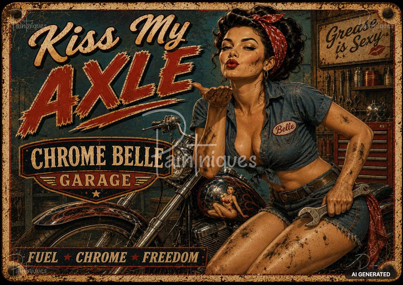 A pin-up mechanic blows a kiss while holding a wrench. She leans on a motorcycle in front of a tool rack.