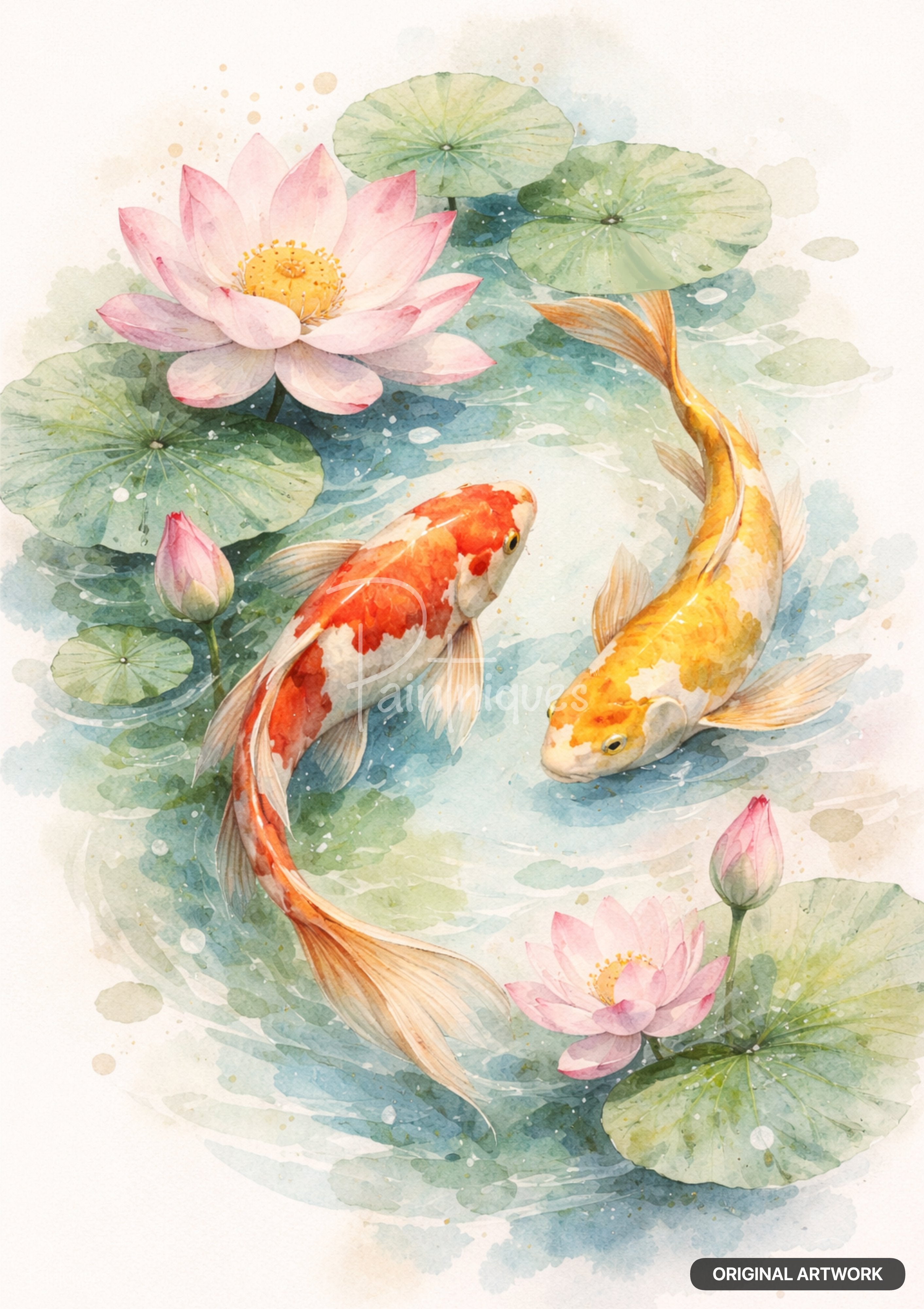Watercolor painting of a red-orange and a yellow koi fish swimming among pink lotuses and green lily pads.