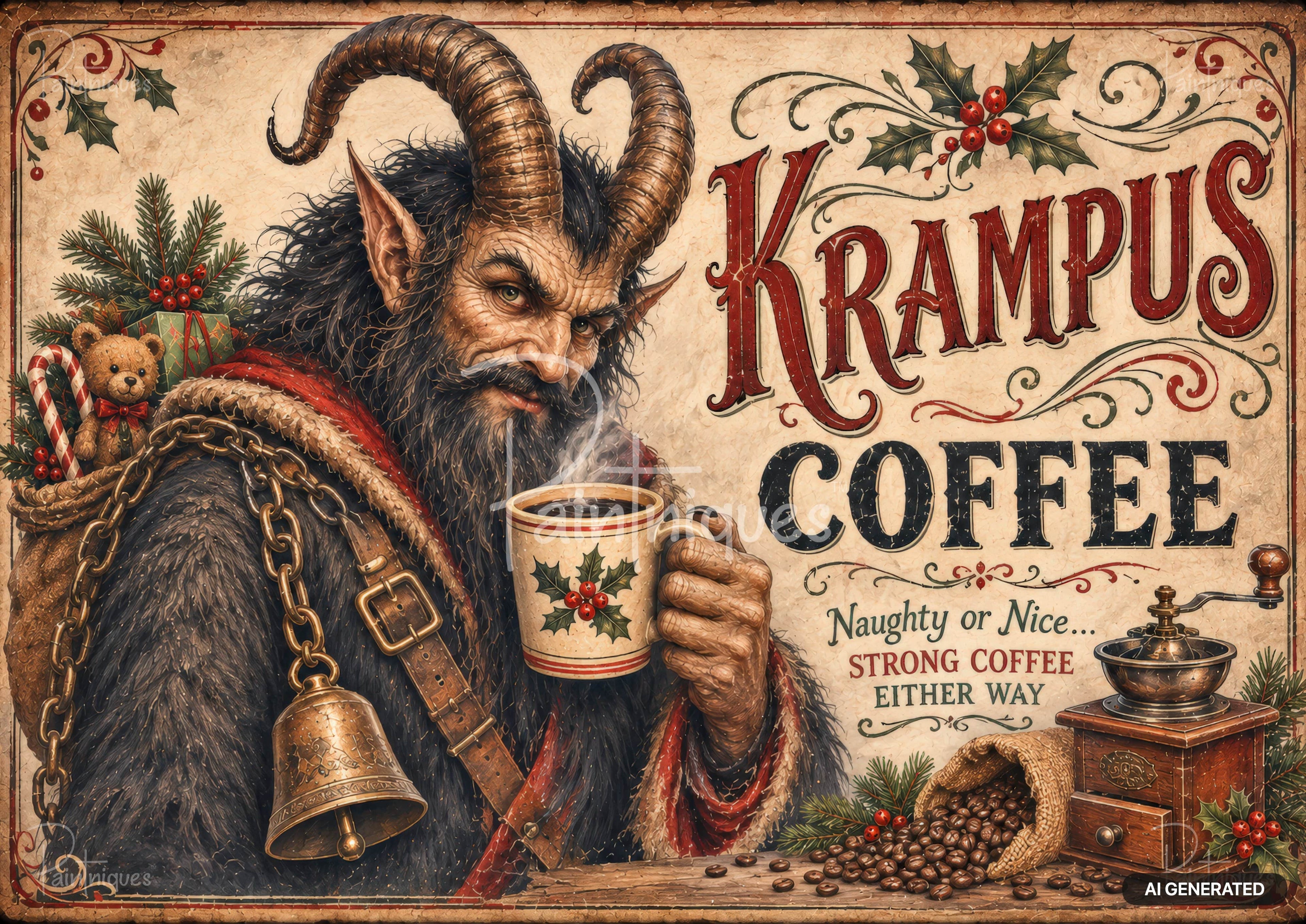 Vintage-style illustration of a horned, furry Krampus with a steaming holly-patterned coffee mug. He wears a sack with a teddy bear, candy cane, and gift. A coffee grinder and beans are below. Text reads "Krampus Coffee" with festive accents.