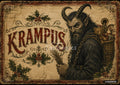 Vintage sign: Krampus, a horned creature with fur, chains, and a basket of toys, holding branches. Holly and text "KRAMPUS".