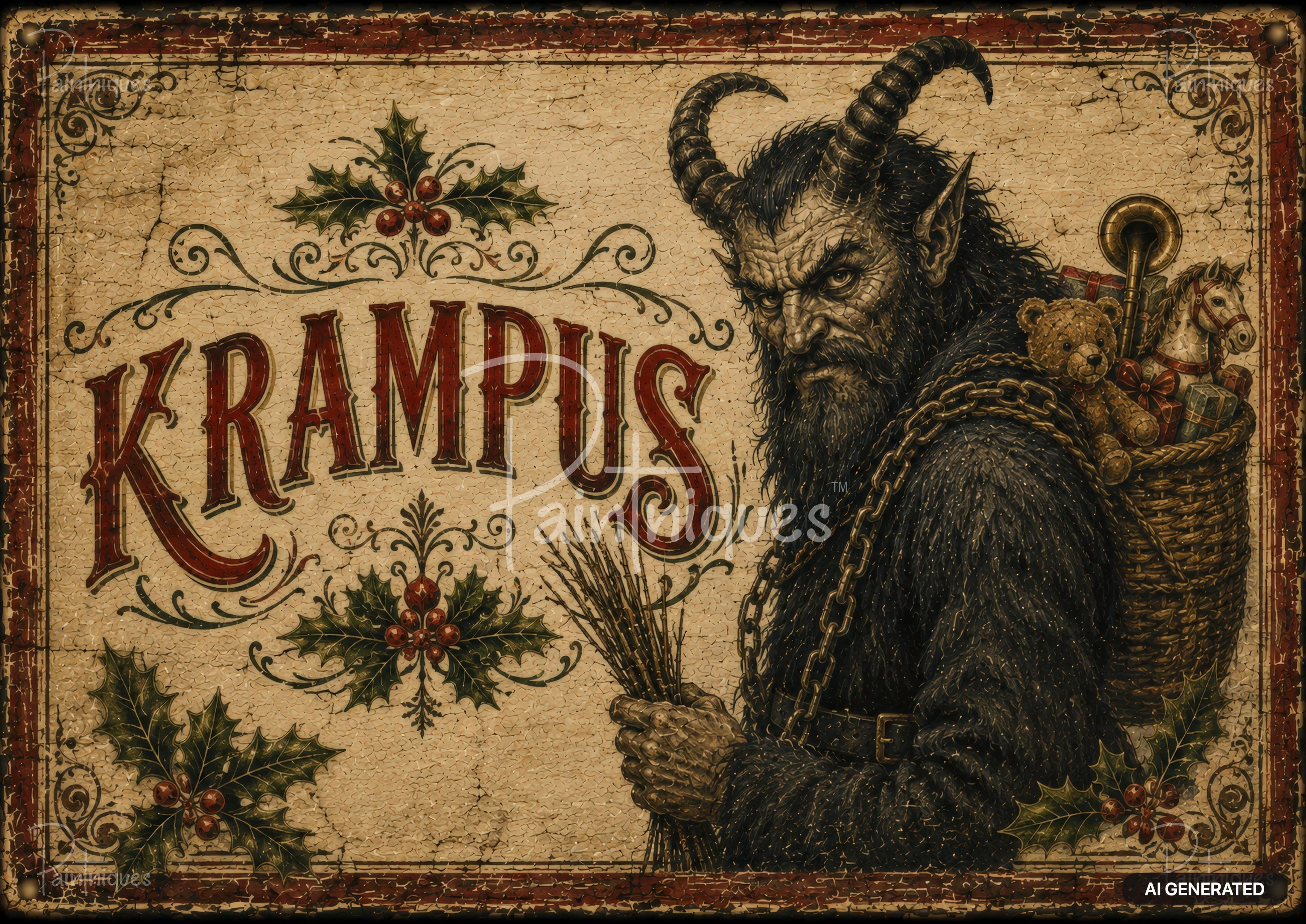 Vintage sign: Krampus, a horned creature with fur, chains, and a basket of toys, holding branches. Holly and text "KRAMPUS".