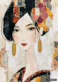 Textured painting of an Asian woman with black, short hair and yellow/red flowers, wearing patterned earrings.