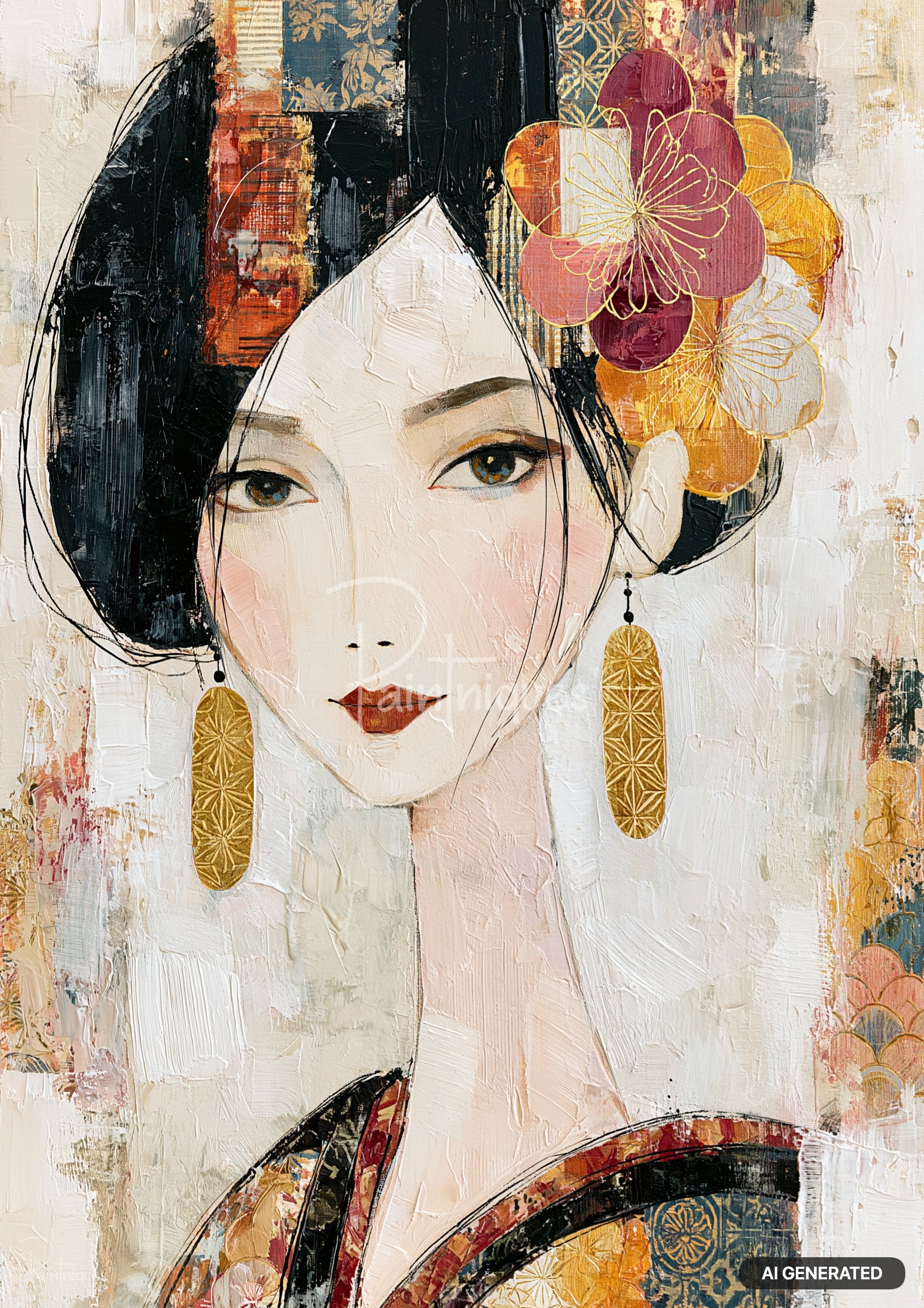 Textured painting of an Asian woman with black, short hair and yellow/red flowers, wearing patterned earrings.