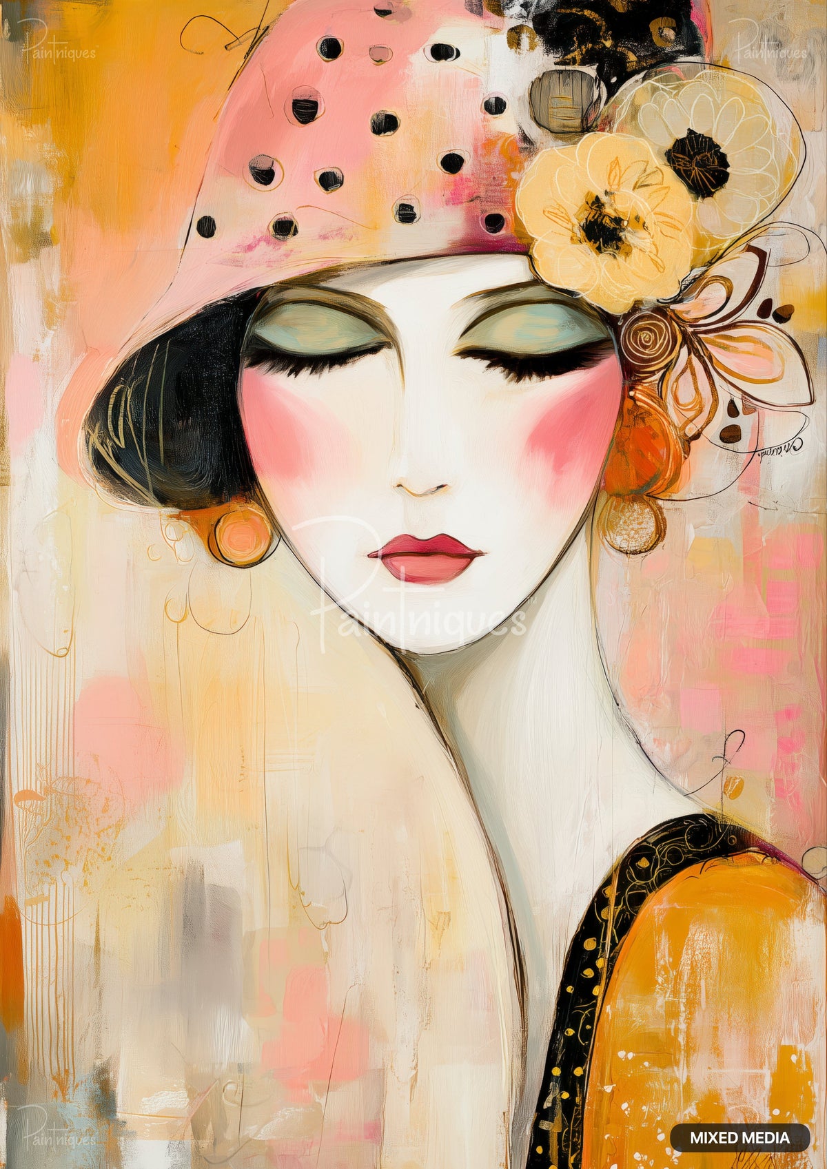 Abstract painting of a woman with closed eyes, wearing a pink polka-dot hat with yellow flowers.