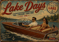 Vintage-style illustration of a smiling couple in a wooden speedboat on a lake with retro "Lake Days" text.