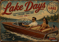 Retro poster of a couple boating on a lake, with text "Lake Days" and "Life is Better at the Lake".