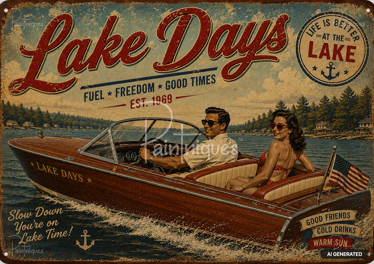 Retro poster of a couple boating on a lake, with text "Lake Days" and "Life is Better at the Lake".