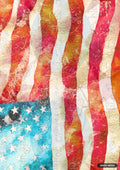 Textured artwork resembling a waving flag with red, orange, and white wavy stripes, and a blue corner with white stars.