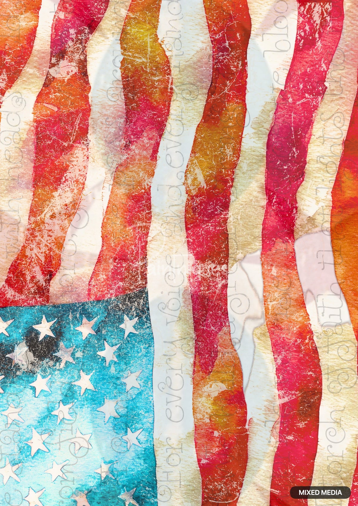 Textured artwork resembling a waving flag with red, orange, and white wavy stripes, and a blue corner with white stars.