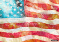 Distressed American flag artwork with textured red, white, and blue, featuring scattered white stars and faint script text.