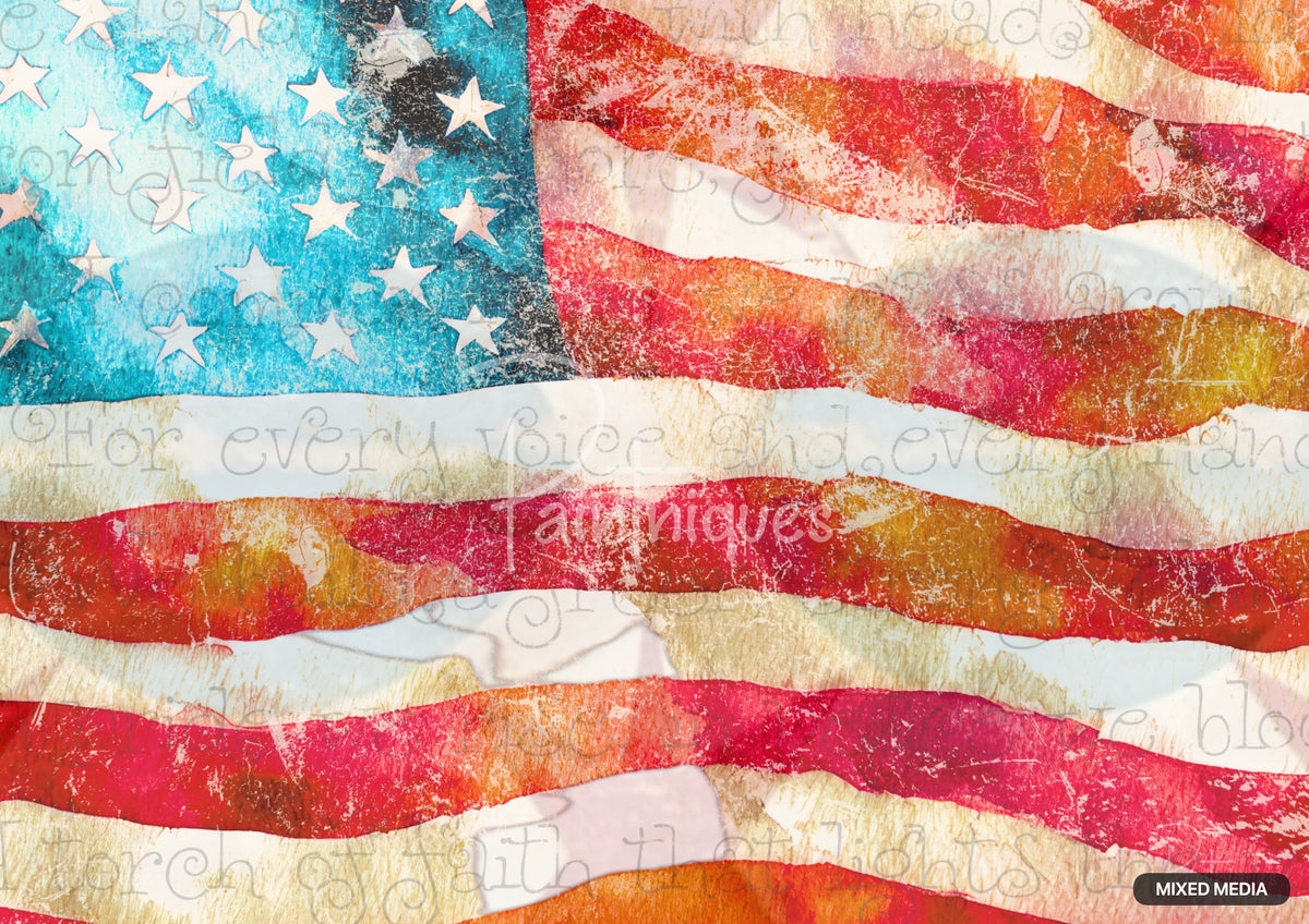 Distressed American flag artwork with textured red, white, and blue, featuring scattered white stars and faint script text.