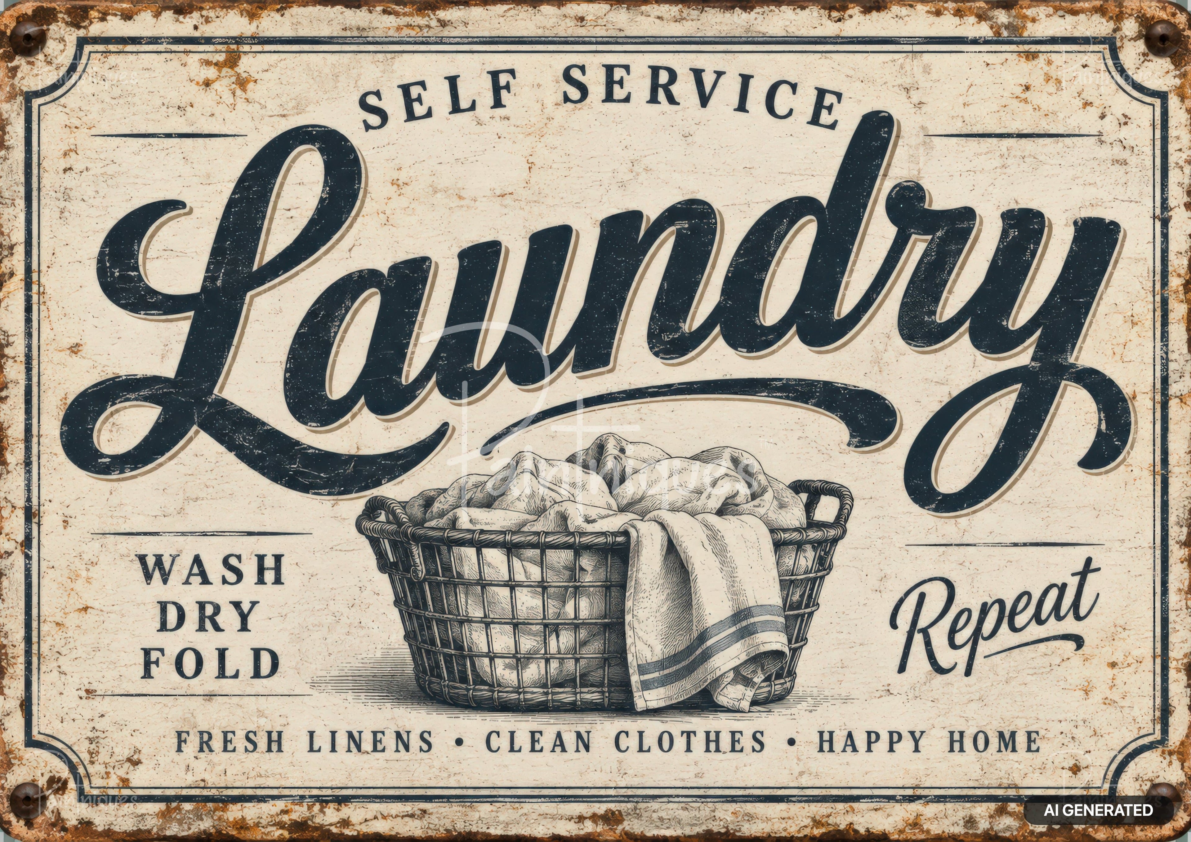 Vintage sign with "SELF SERVICE Laundry" above a laundry basket full of clothes, and "WASH DRY FOLD Repeat" text.