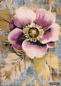A mixed-media painting of a large fuchsia flower with a yellow-gold center, surrounded by golden leaves on a blue background.