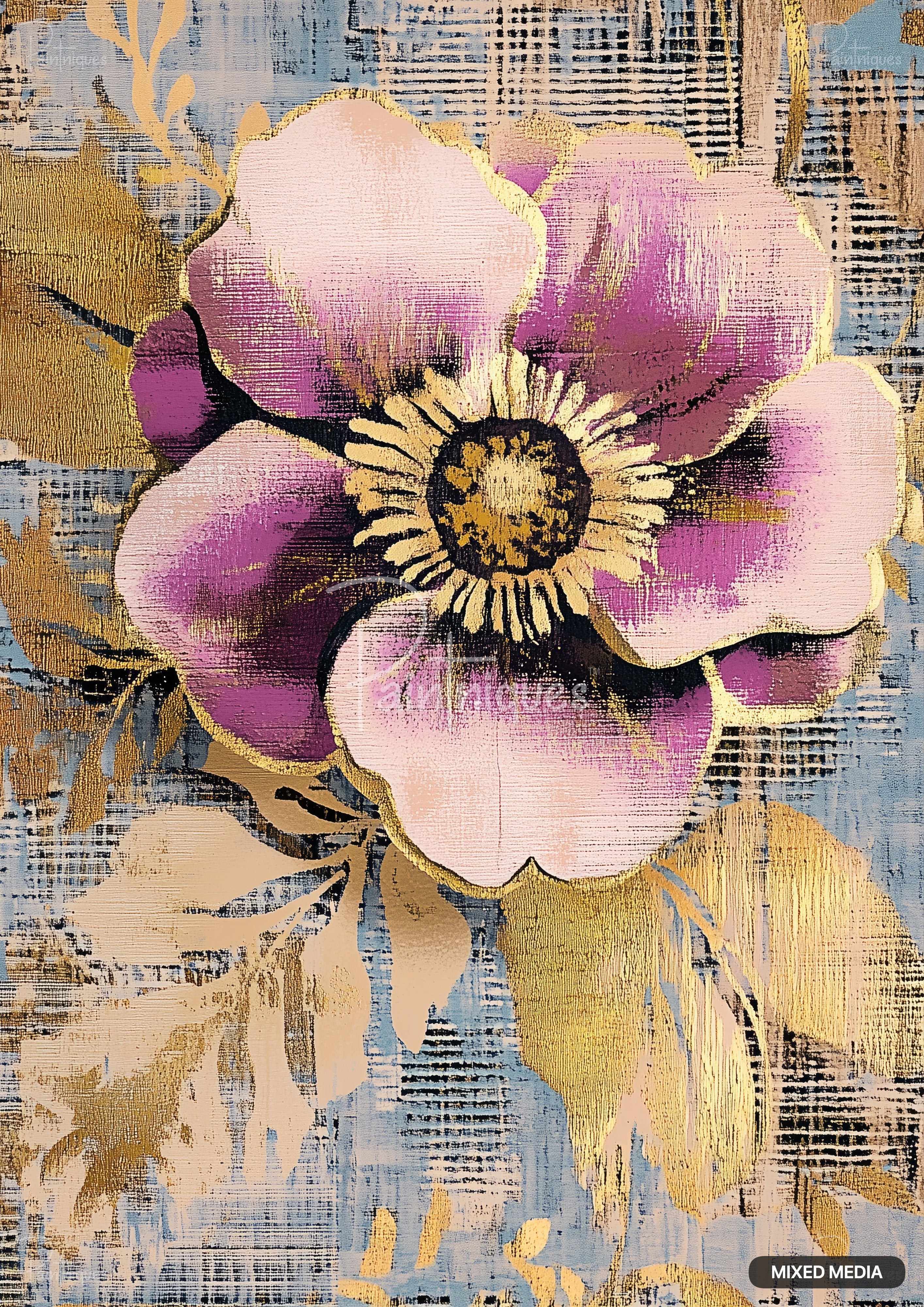 A mixed-media painting of a large fuchsia flower with a yellow-gold center, surrounded by golden leaves on a blue background.
