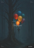 A dark, spooky tree in a forest, with colorful balloons tied to its trunk. The dark balloons glow, and lighter balloons do not.