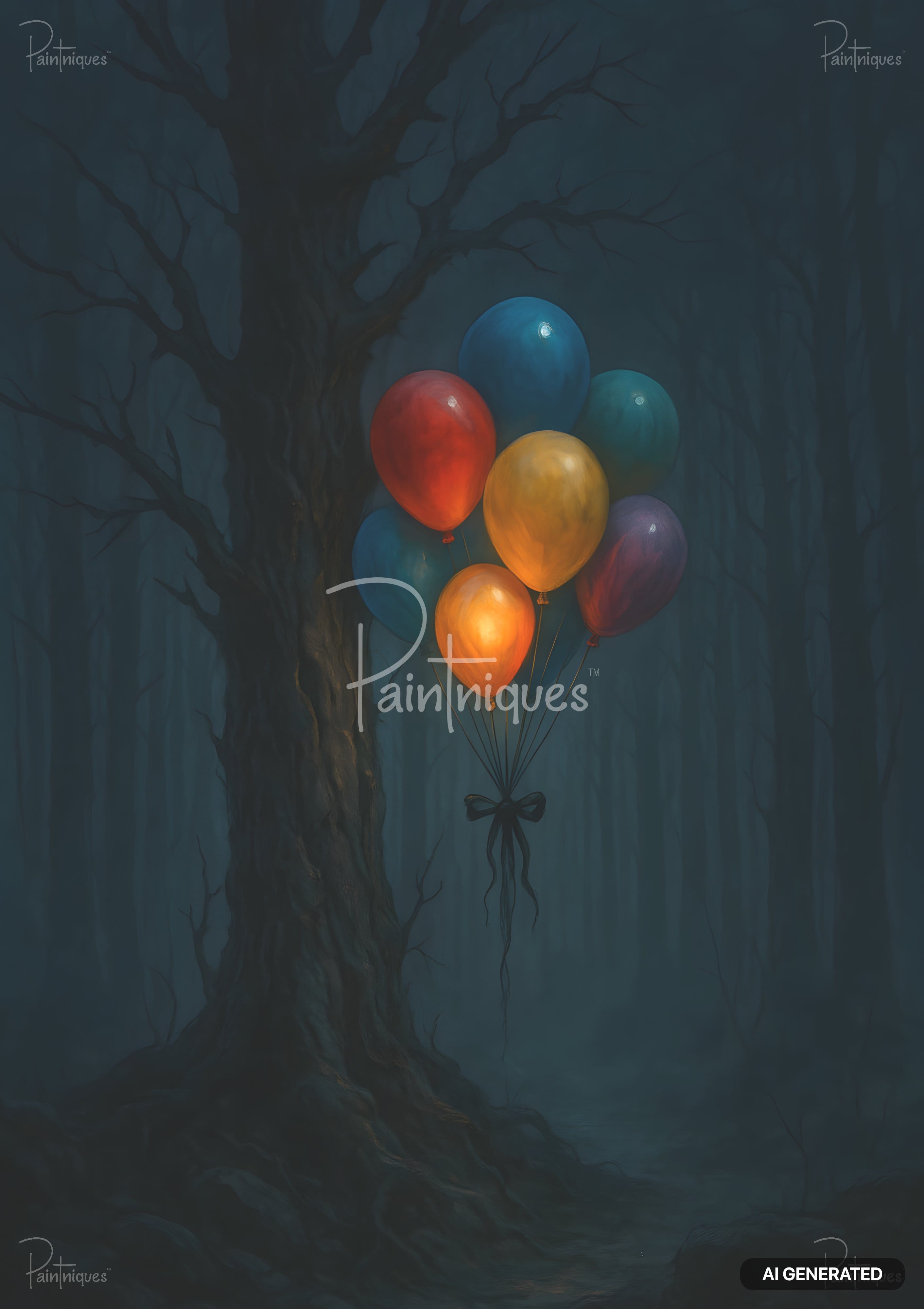 A dark, spooky tree in a forest, with colorful balloons tied to its trunk. The dark balloons glow, and lighter balloons do not.