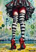 A person's legs in a black skirt, striped tights, and red high heels on a checkered floor.
