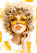 Watercolor portrait of a woman with curly blonde hair. She wears yellow round glasses, orange lipstick, and earrings.