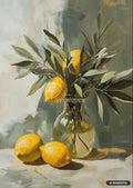 Oil painting of green olive branches with several yellow lemons in a clear glass vase, with two extra lemons at its base.