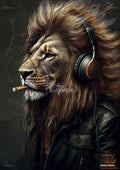 Lion wearing black headphones and a black leather jacket, with a cigar in its mouth and a textured dark background.