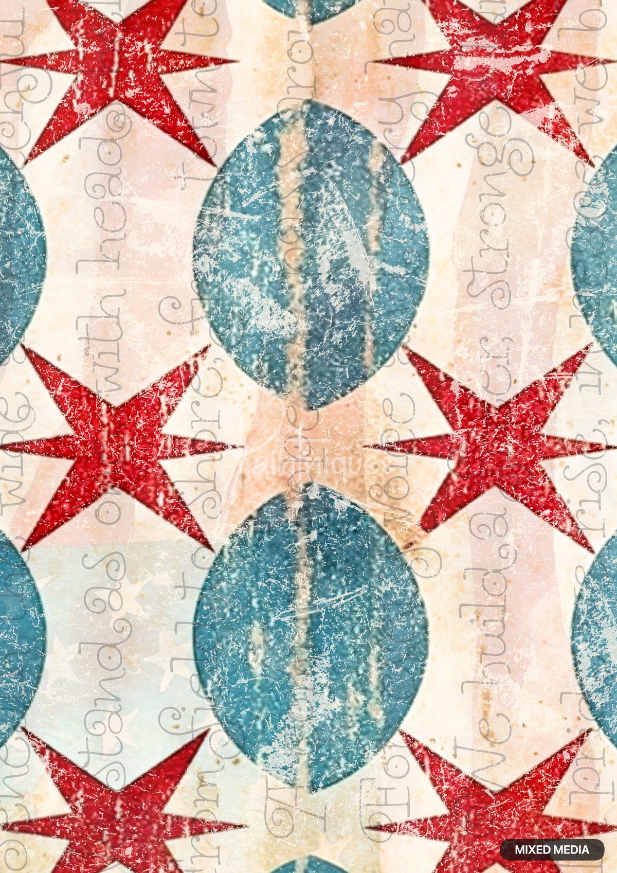 Distressed red stars and blue ovals in a repeating pattern over a textured background with faint text.
