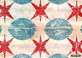 Distressed red stars and blue circles with horizontal stripes on a textured background with faded handwritten text.