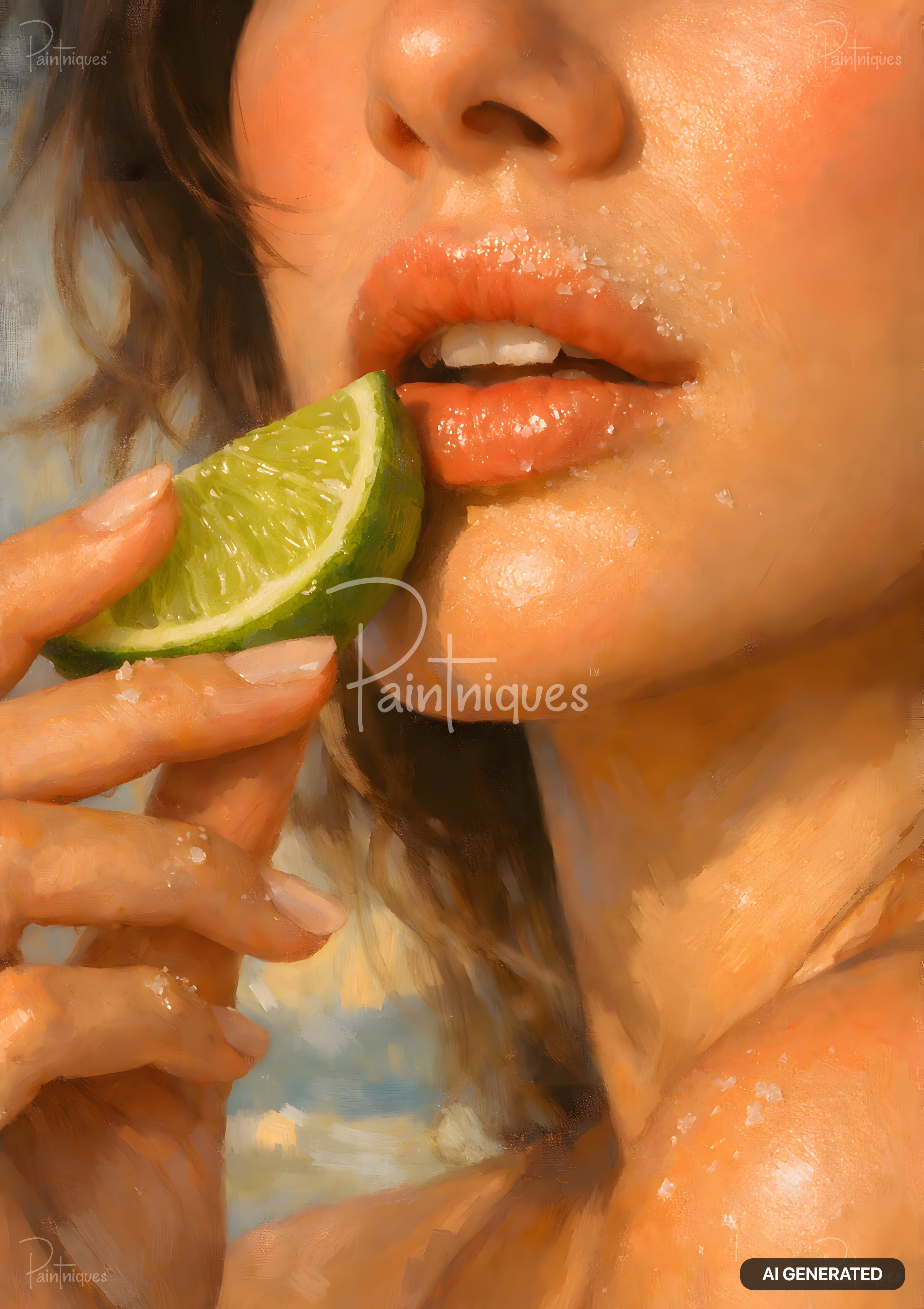 Oil painting of a person holding a lime wedge to their lips, which are covered in salt.