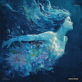 A woman with flowing hair, rising from a collage of blue flowers, all in shades of blue against a dark blue background.