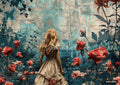 A girl with long blonde hair and a beige dress stands looking at large red and pink roses on a textured blue wall.