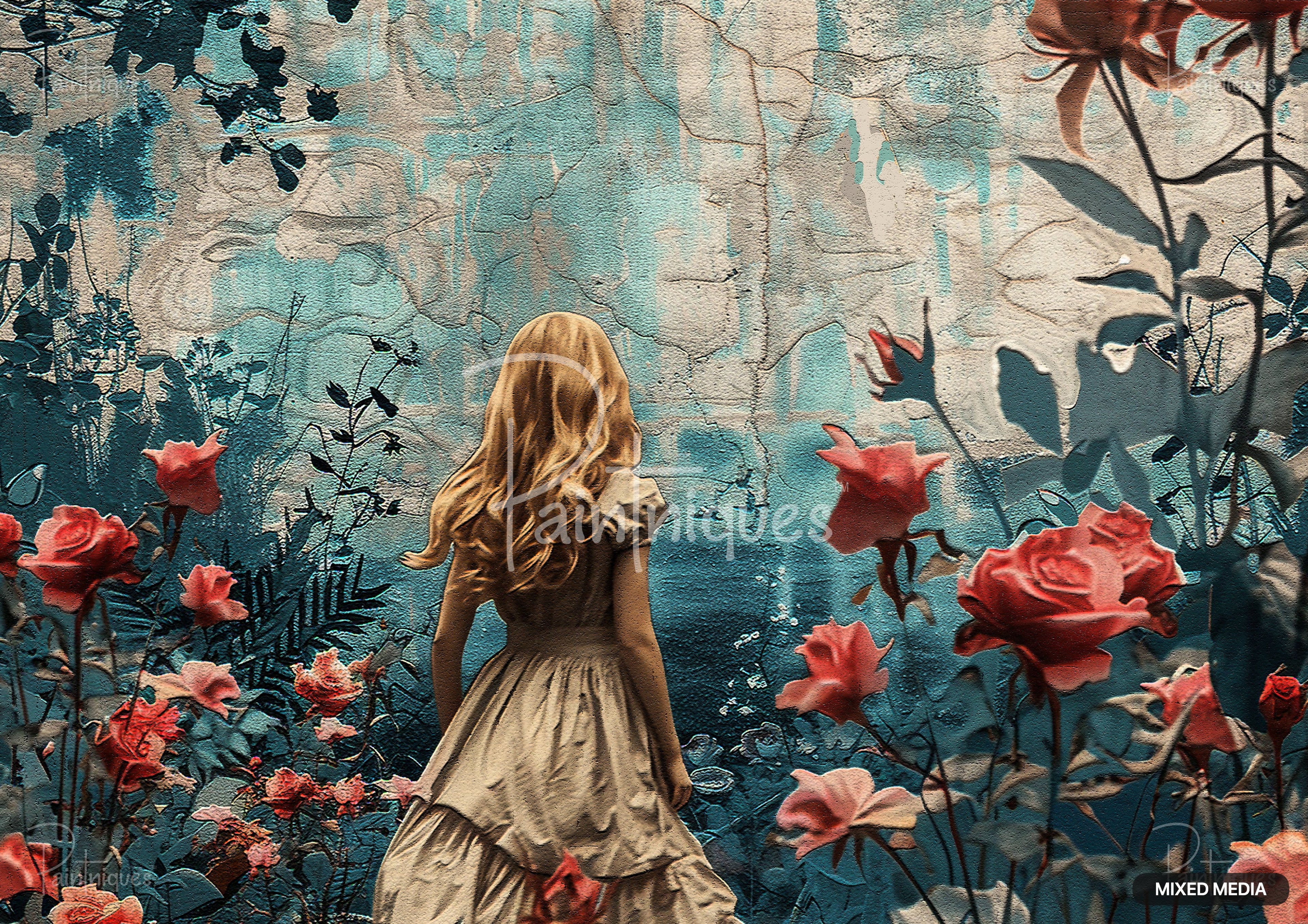A girl with long blonde hair and a beige dress stands looking at large red and pink roses on a textured blue wall.