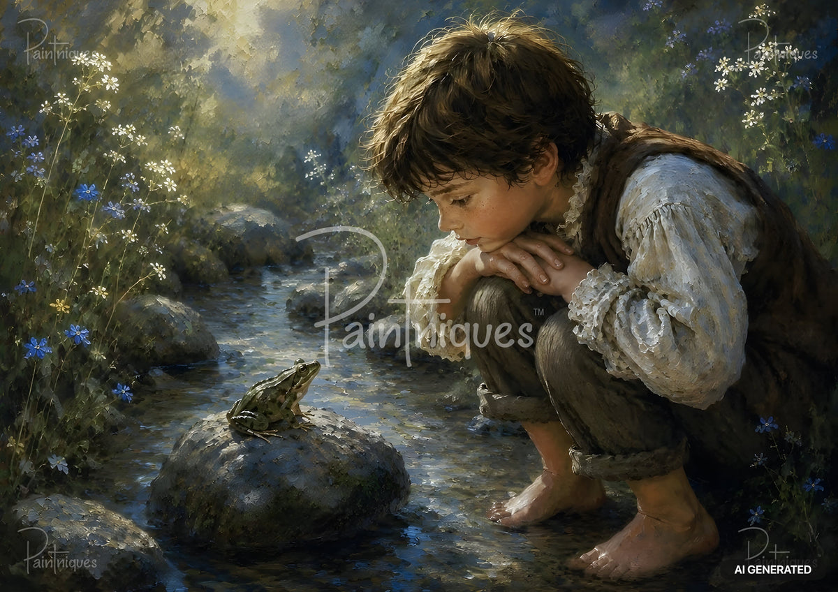 Boy in rustic clothes crouching by a stream, intently looking at a green frog on a rock, surrounded by wildflowers.