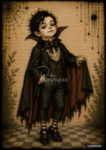 A cartoon-style boy in a vampire costume with pointy ears, fangs, ruffled shirt, and long cape. Textured background.