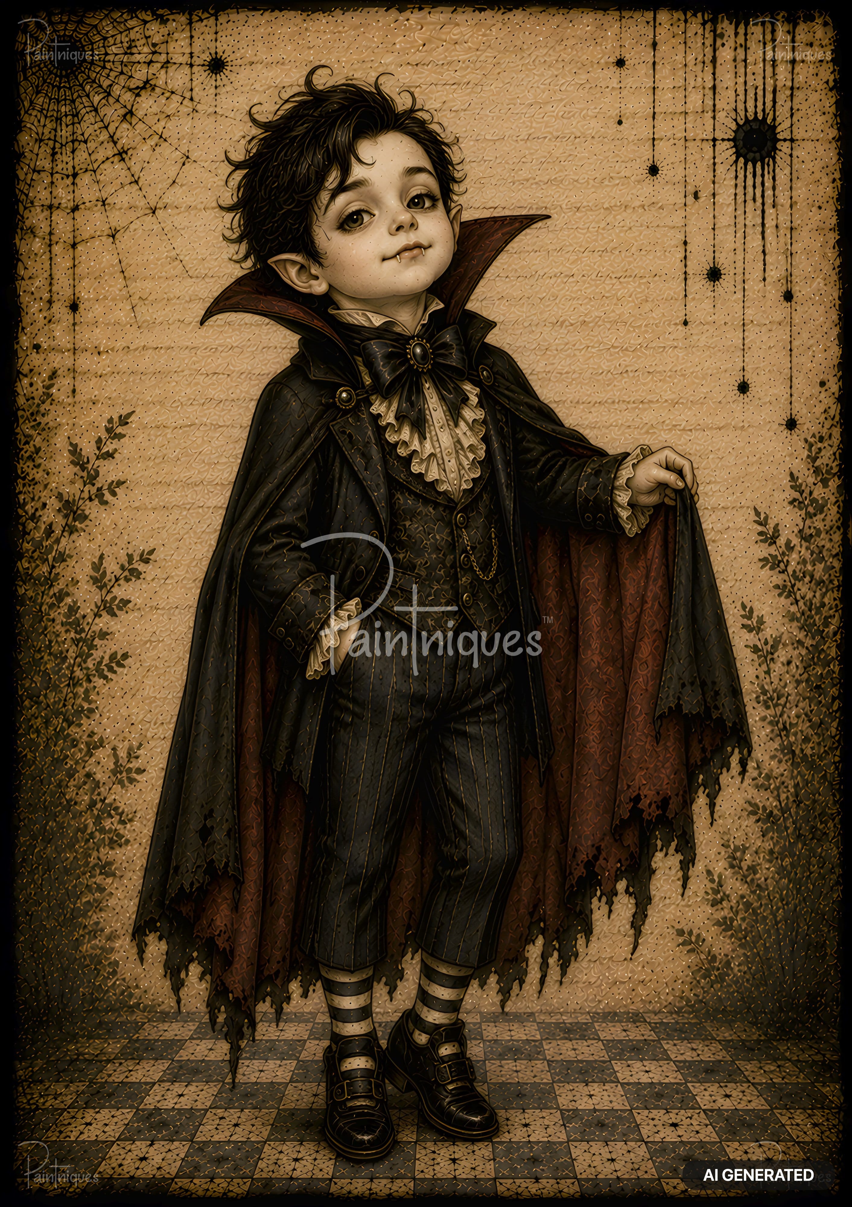 A cartoon-style boy in a vampire costume with pointy ears, fangs, ruffled shirt, and long cape. Textured background.