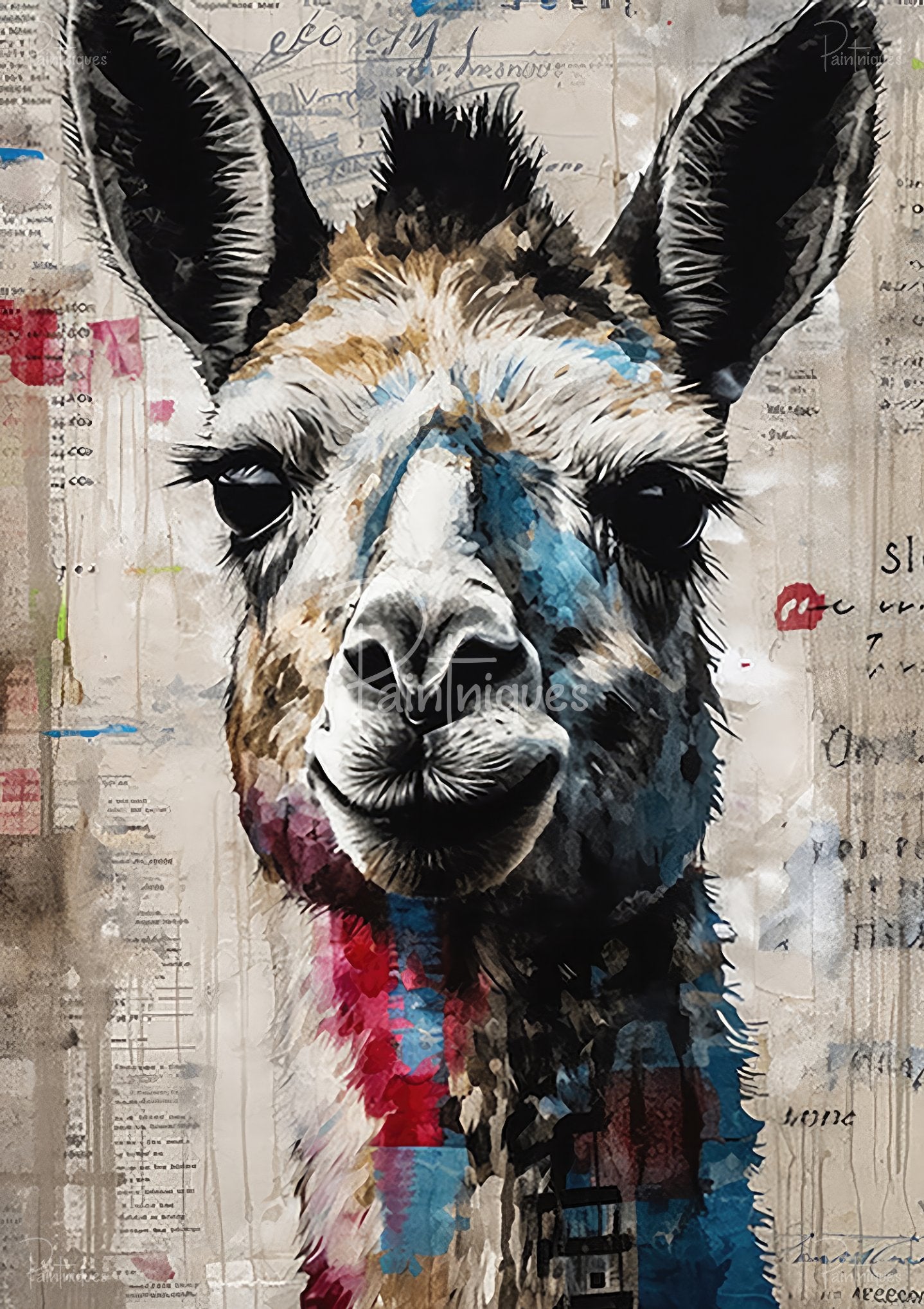 Close-up painted llama face with black ears, blue and red watercolor splashes and layered collage paper background