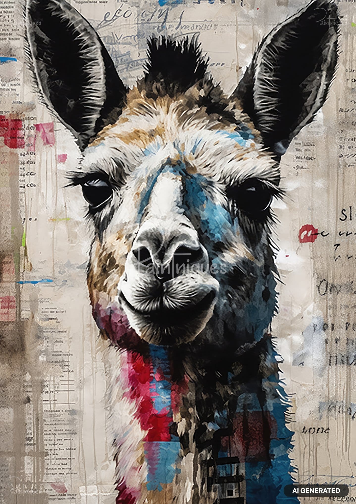A textured artwork of a llama's head and neck on a collaged background with torn paper and text.
