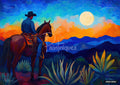 A cowboy on horseback, seen from behind, facing a vibrant sunset with mountains and agave plants in the foreground.