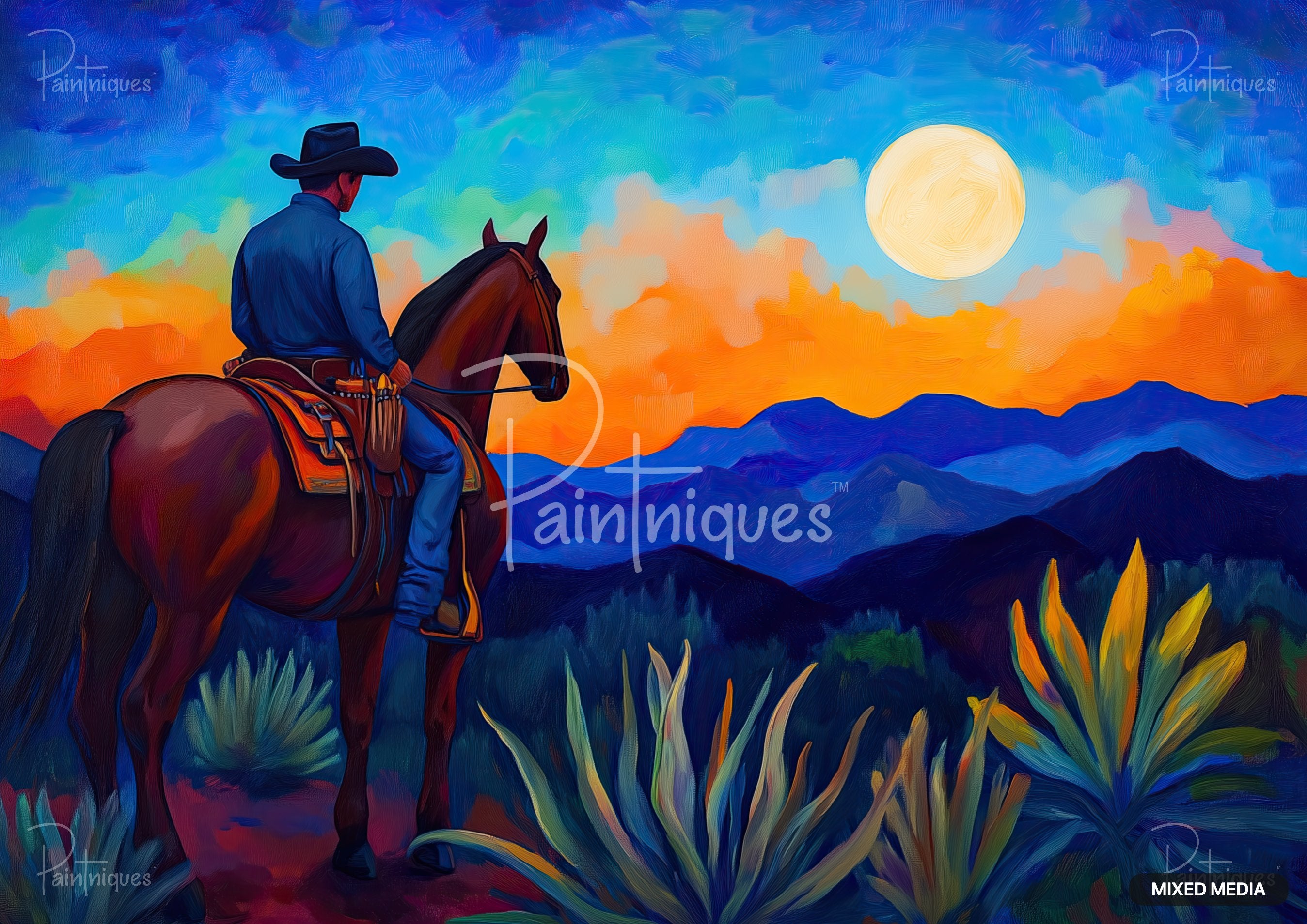 A cowboy on horseback, seen from behind, facing a vibrant sunset with mountains and agave plants in the foreground.
