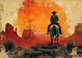 A cowboy on horseback at sunset in a desert with red rock formations, in a mixed media texture style.