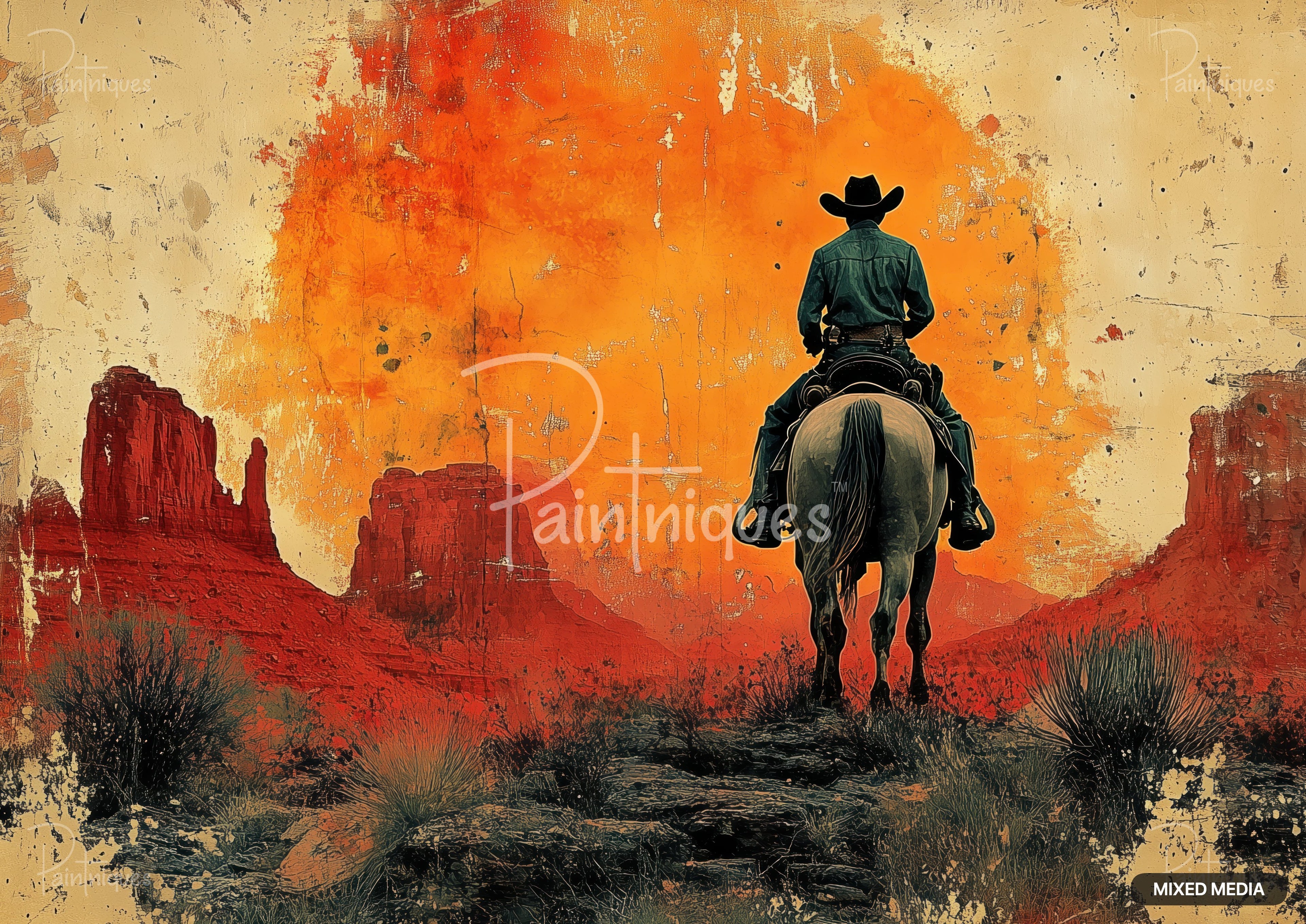 A cowboy on horseback at sunset in a desert with red rock formations, in a mixed media texture style.