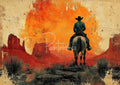 Cowboy on horseback seen from behind riding toward a large orange sun over red desert mesas, distressed textured background.