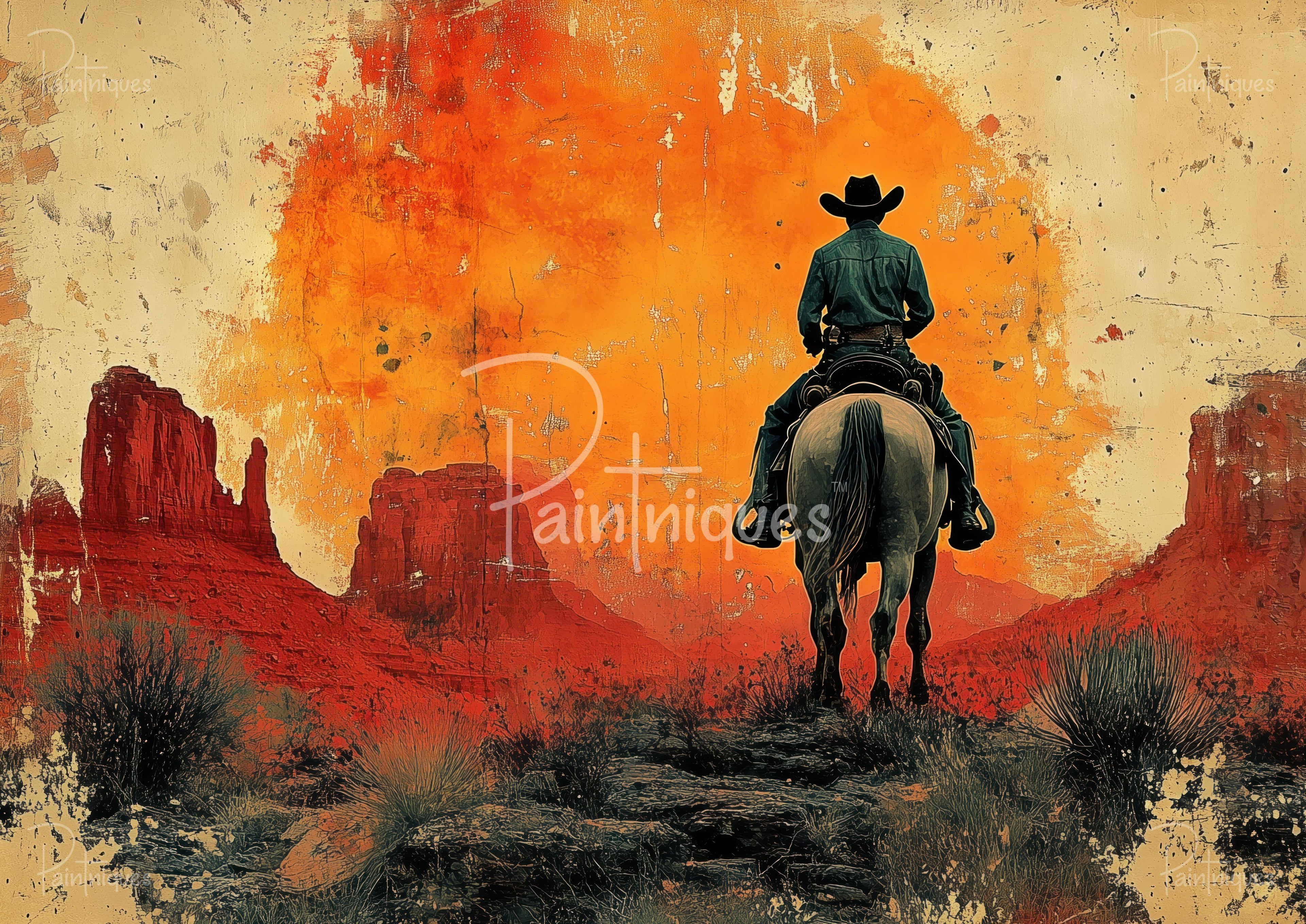 Cowboy on horseback seen from behind riding toward a large orange sun over red desert mesas, distressed textured background.