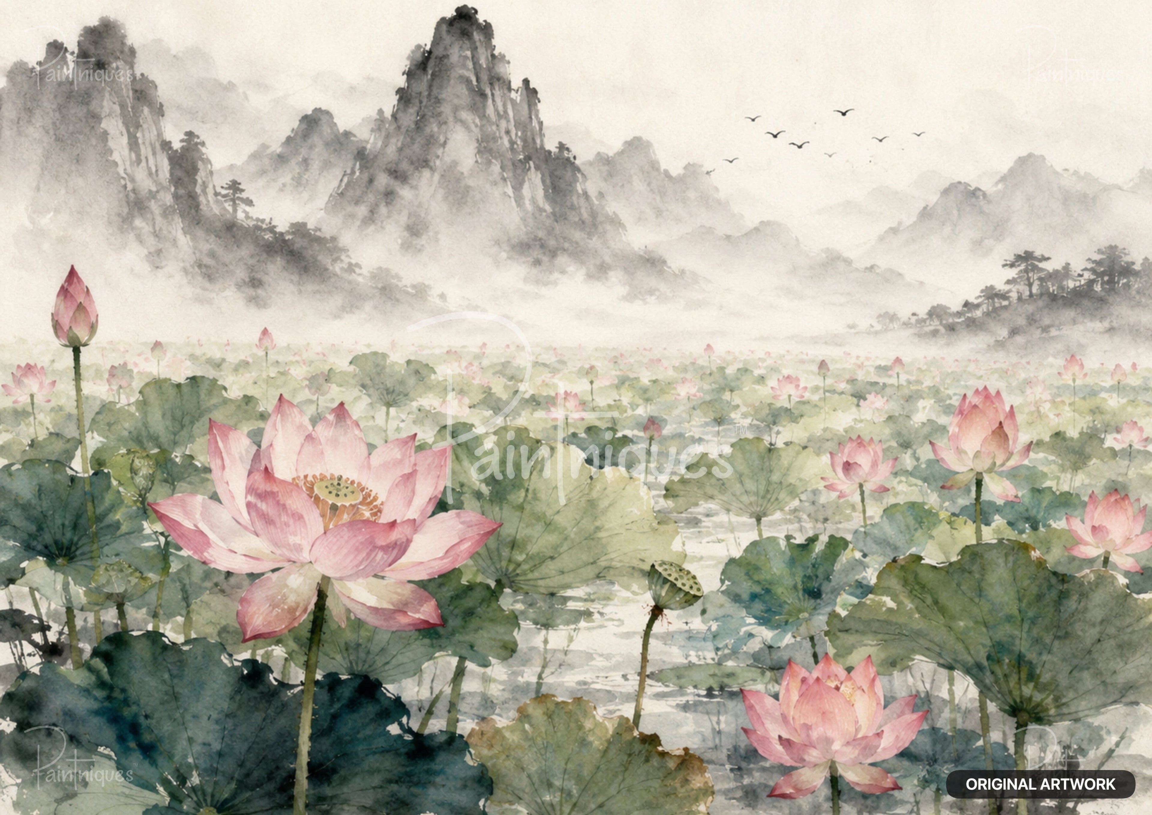 Watercolor painting of pink lotus flowers and pads on a lake, with misty gray mountains and birds in the background.