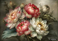 Vibrant red and white water lilies with green leaves and buds, arranged as a bouquet on a dark background.